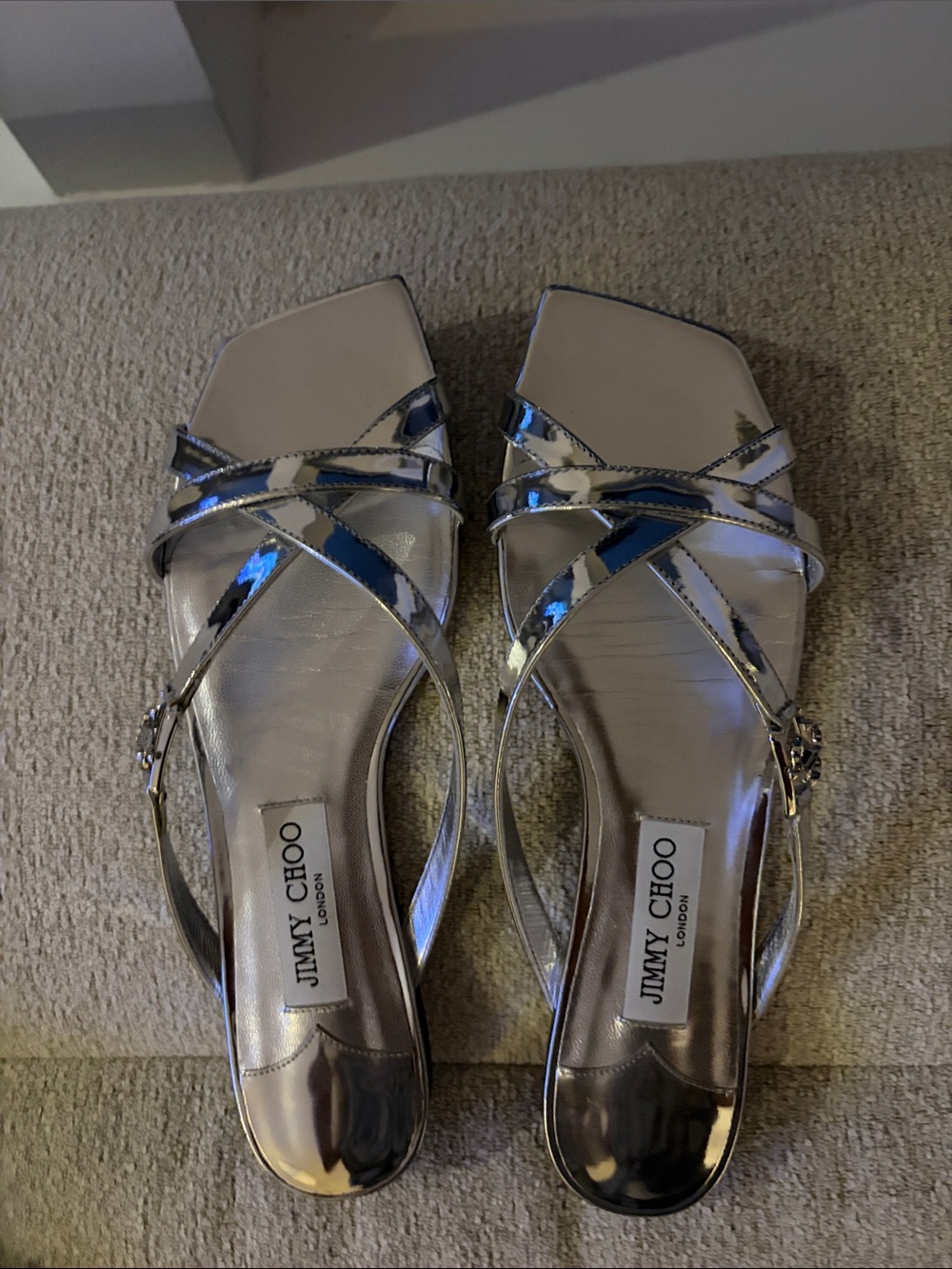 Jimmy Choo Silver Metallic Strappy Square-Toe Heels